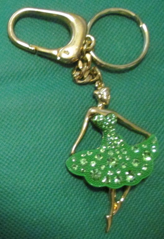 Lady BALLERINA with green bling dress keyring key chain clip-on
