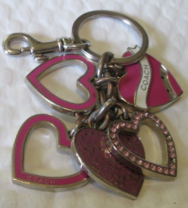 COACH pink Metal heart charms dangling keyring key chain 3"