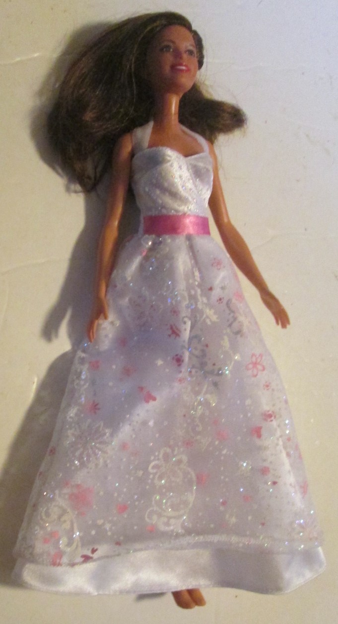 2015 Mattel Barbie doll brown hair & eyes wearing glittery gown
