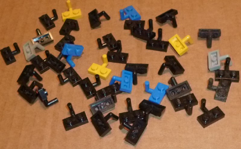 LEGO Parts lot of 43 Plates 1 x 2 with arm, mixed colors - Click Image to Close