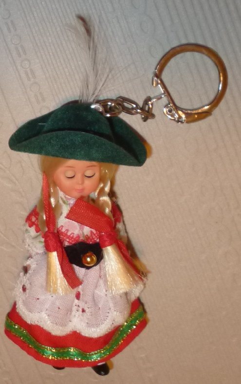 Vintage Mini Swiss Girl Doll keyring key chain 3.25"