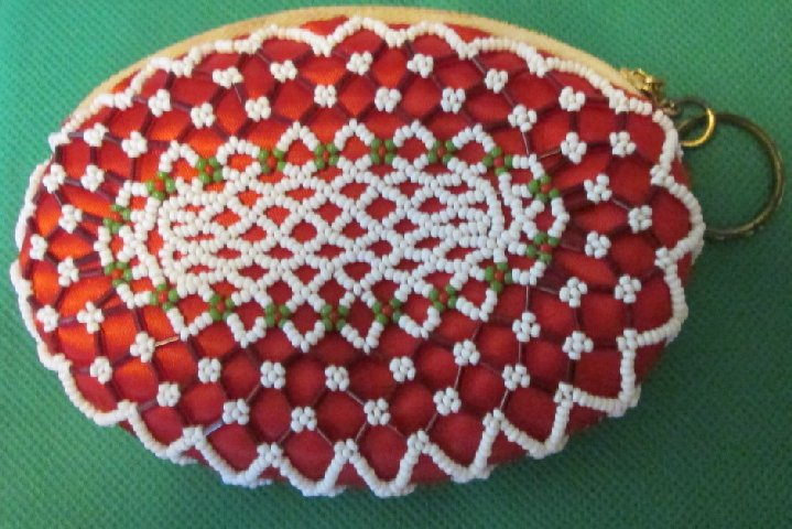 Red with mostly white beaded coin change purse keyring key chain