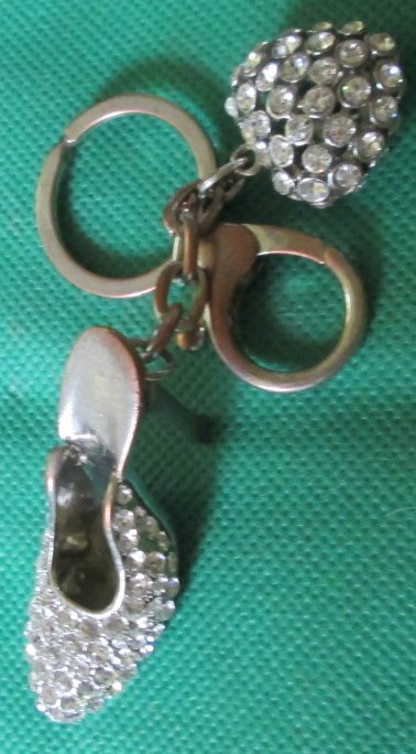 Rhinestone covered SHOE & HEART metal charms keyring key chain