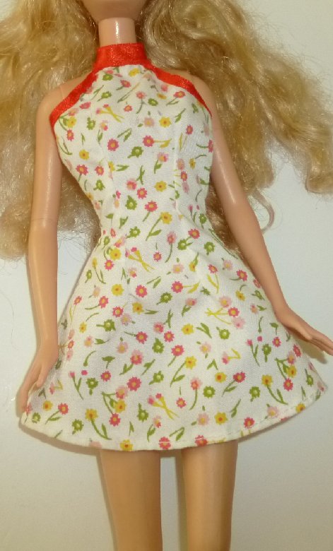 BARBIE Doll Clothing flower print sun dress, pink "B" tag - Click Image to Close