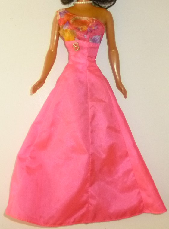 BARBIE Doll Clothing pink gown dress with B charm, pink "B" tag - Click Image to Close