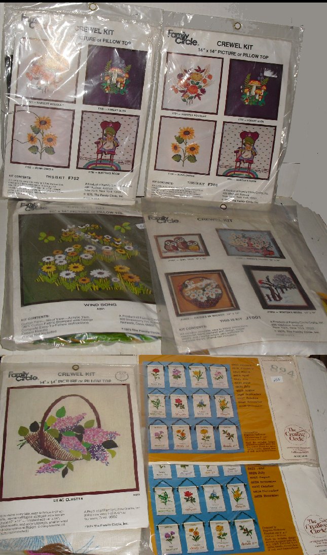 Lot 7 Vtg CREWEL Kits 6 MIP Family & Creative Circle