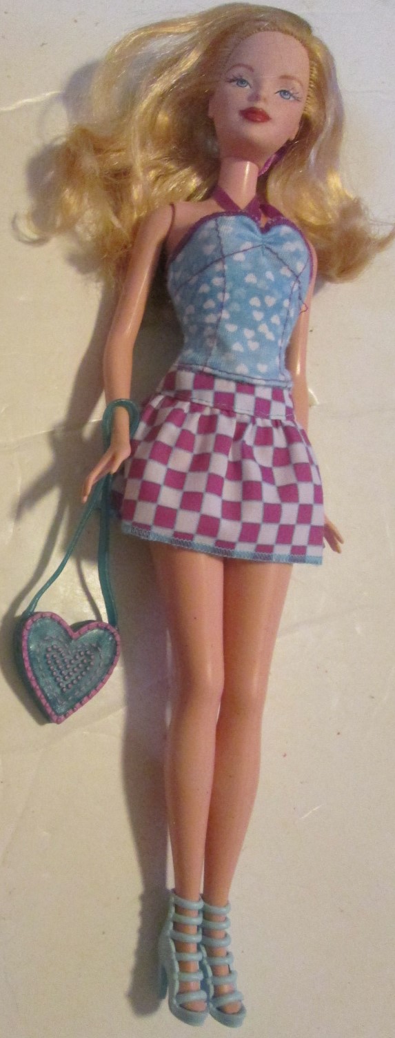 BARBIE Doll blonde wearing top skirt high heel shoes & handbag